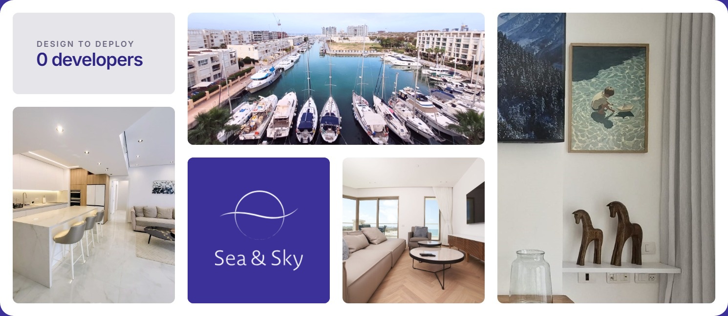 Six tiles from matancarmeli.com: interiors and the Herzliya Marina, with a card reading 48 hours, brief to live site