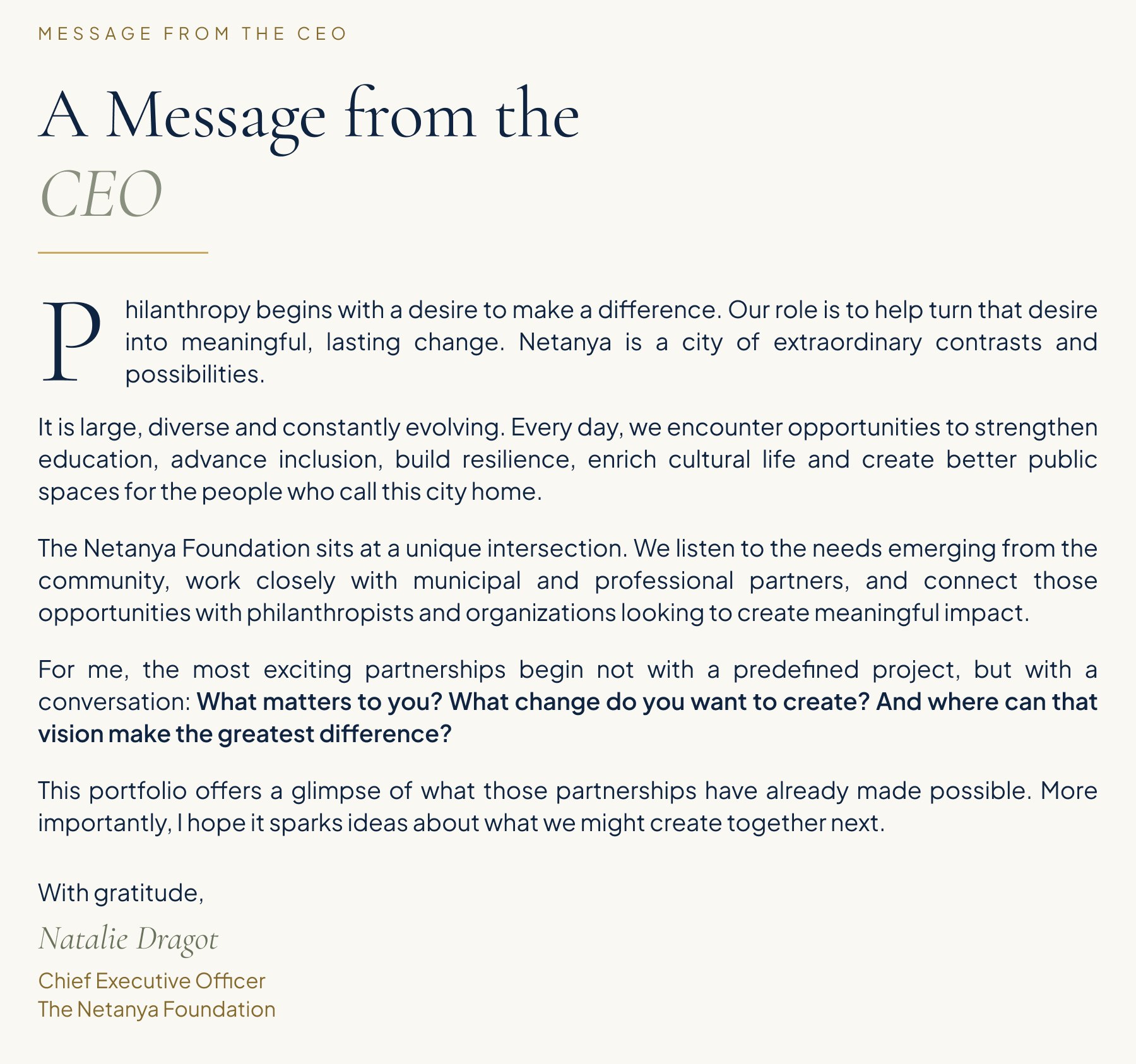 Detail, page 3: the CEO letter, signed by Natalie Dragot