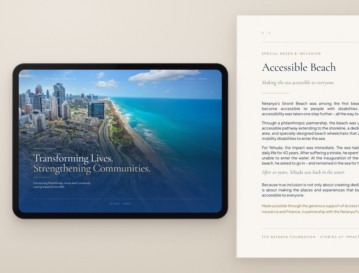 Page 12 of the printed prospectus, Accessible Beach, beside its cover on a tablet
