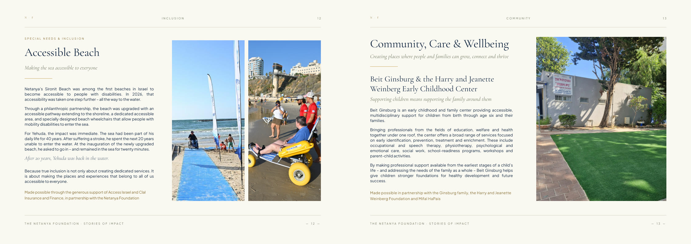 Spread, pages 12 and 13: Accessible Beach, and Community, Care & Wellbeing – each closing with a credit line in gold