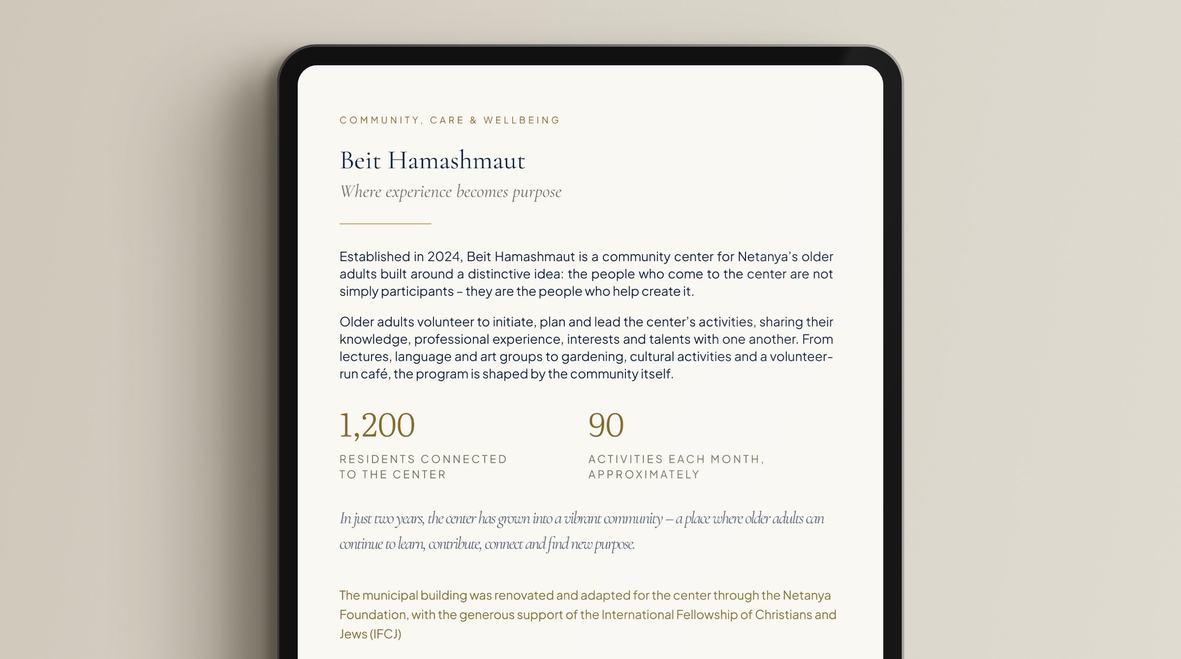 Detail, page 14: Beit Hamashmaut – headline in Cormorant, body text, the figures 1,200 and 90 in Literata in the deeper gold, and a closing credit line in gold