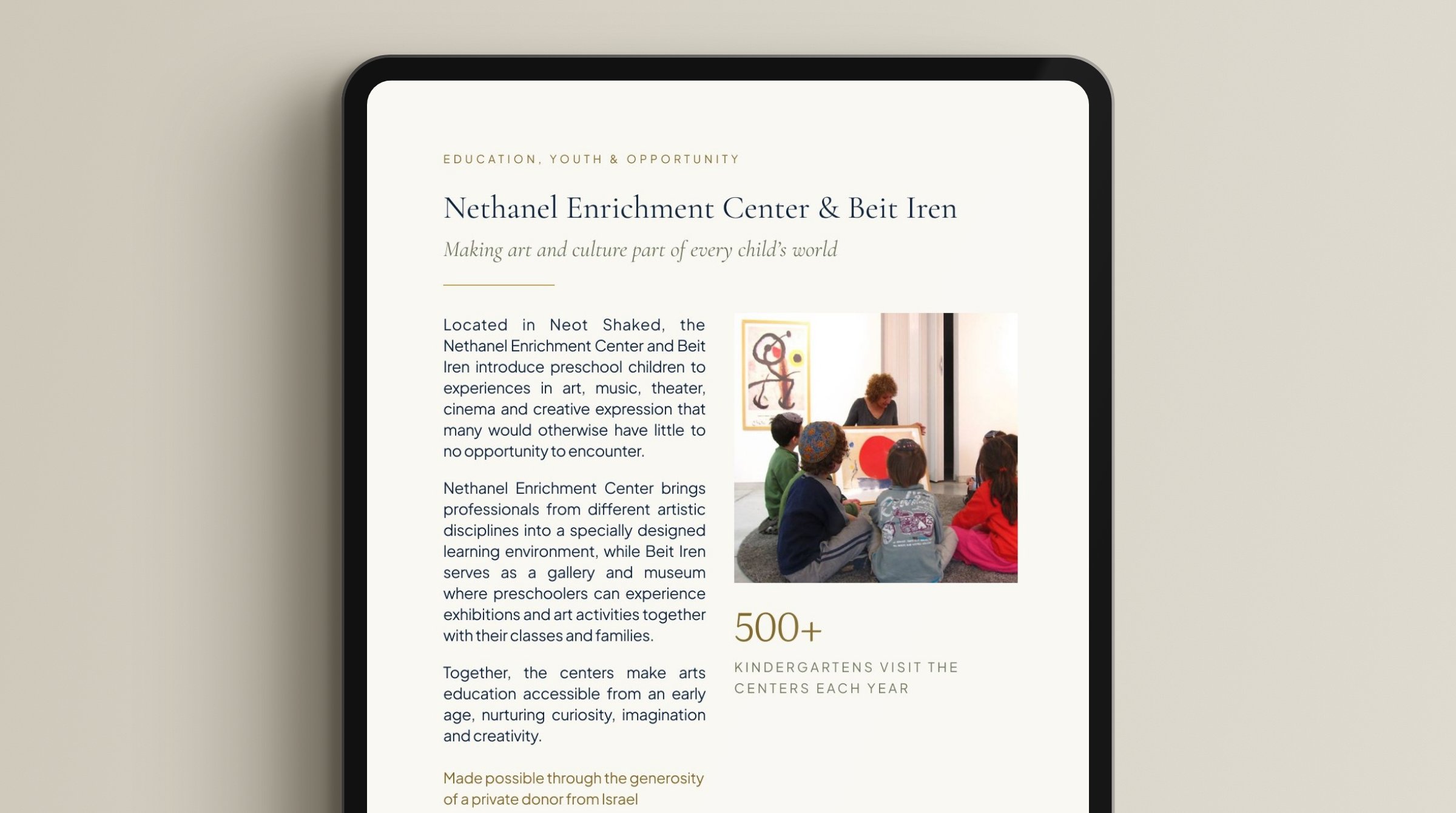 Detail, page 9: Nethanel Enrichment Center and Beit Iren – Cormorant headline, body in Plus Jakarta Sans 12.5 on 17, the figure 500+ in Literata, and the gold credit line